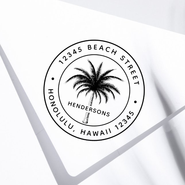 Tropical Palm Tree Round Rücksendeadresse Gummistempel (Von Creator hochgeladen)
