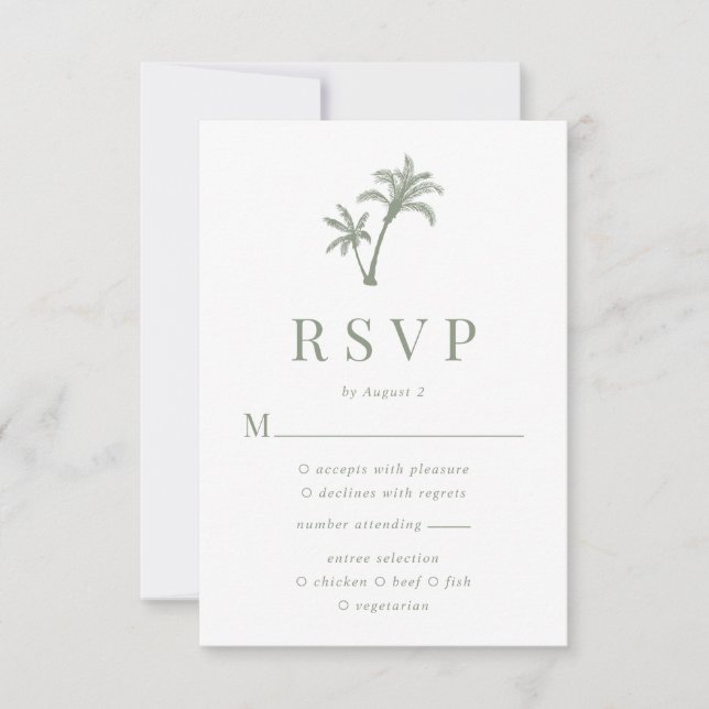 Tropical Palm Tree Sage Green Beach Hochzeit RSVP Karte (Vorderseite)