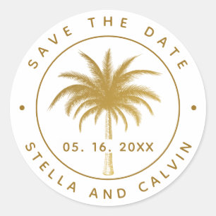 Tropical Palm Tree Save the Date Gold Runder Aufkleber