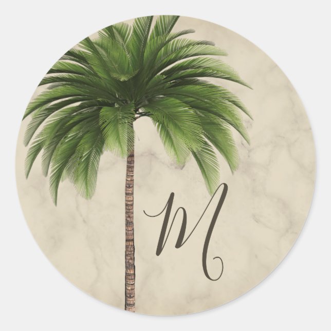 Tropical Palm Tree Stilvolles Marmormonogramm Runder Aufkleber (Vorderseite)