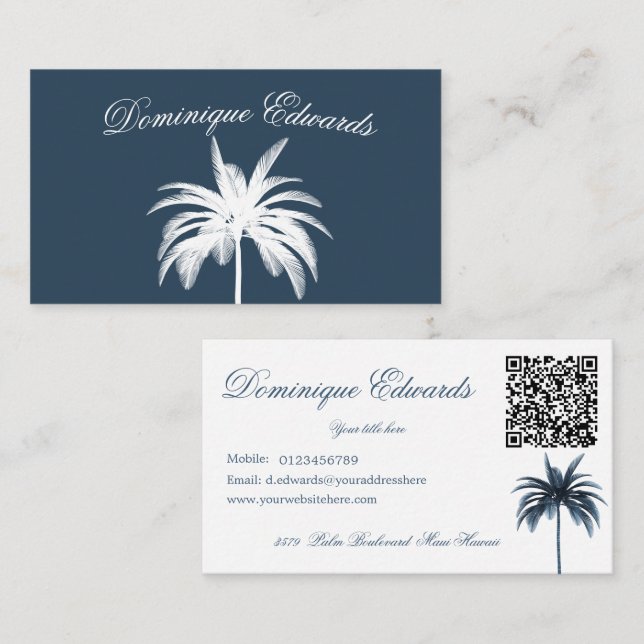 Tropical Palm Tree Stylish Blue White QR Business Visitenkarte (Vorne/Hinten)