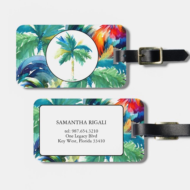 Tropical Palm Tree Wasserfarbe Mit Monogramm Gepäckanhänger (Luggage tags tropical palm trees watercolor art by Victoria Grigaliunas of Do Tell A Belle)