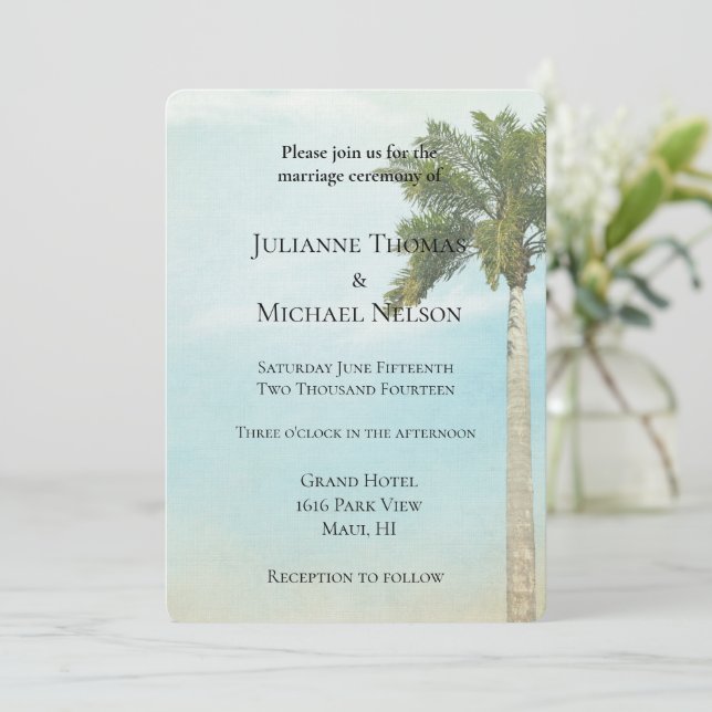 Tropical Palm Tree Wedding Einladung (Stehend Vorderseite)