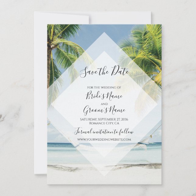 Tropical Palm Trees Beach Hochzeit Save the Date (Vorderseite)