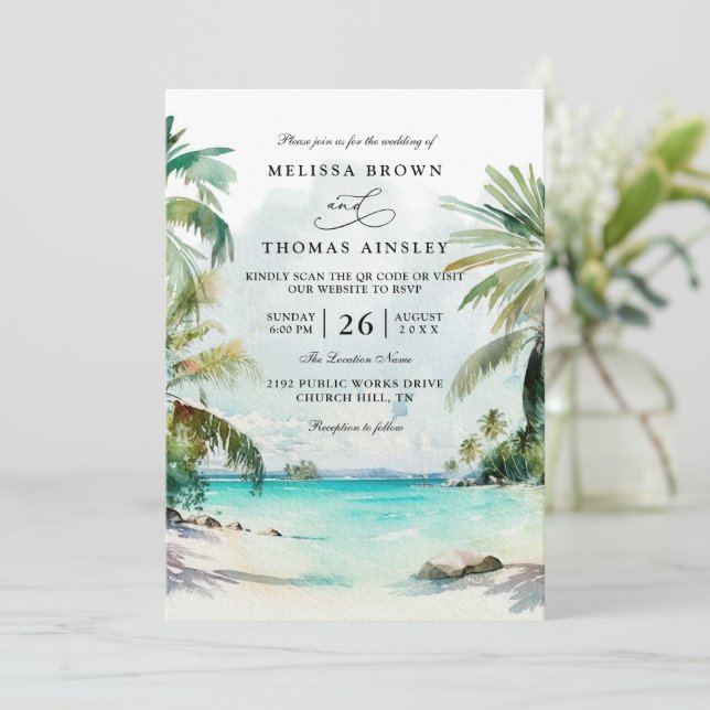 Tropical Palm Trees Beach Scene QR Code Wedding Einladung (Stehend Vorderseite)