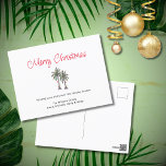 Tropical Palm Trees Beach Script Weihnachten<br><div class="desc">Tropische Weihnachtsgrüße Postkarte,  mit einer Palmenbildermalerei und Schriftzypografie. Mit rot und schwarz anpassbaren Buchstaben fügen Sie Ihre eigenen Informationen hinzu. Eine fröhliche und festliche Art und Weise senden Sie Urlaubswünsche an Freunde und Familie aus dem Strand.</div>