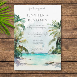 Tropical Palm Trees Beach Szene Moderne Hochzeit Einladung