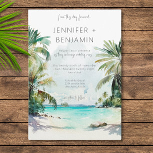 Tropical Palm Trees Beach Szene Moderne Hochzeit Einladung