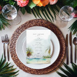 Tropical Palm Trees Beach Szene Moderne Hochzeit Menükarte<br><div class="desc">Erleben Sie Ihre Hochzeitsfeier mit unserem exquisiten Tropical Palm Trees Modern Hochzeitsmenü. Dieses atemberaubende Design präsentiert eine Gruppe von üppig grünen und braunen Aquapalmen, Set gegen einen ruhigen Strand mit Aquarellfarben und schafft eine faszinierende und tropische Atmosphäre. Ideal für Hochzeiten in Urlaubsort oder Strand, dieses Menü erschließt mühelos das Wesen...</div>