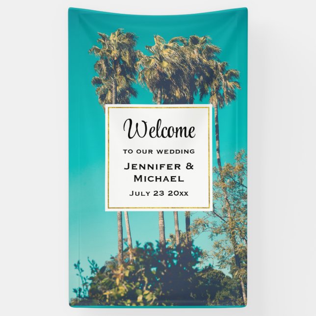 Tropical Palm Trees California Retro Vibe Wedding Banner (Vertikal)