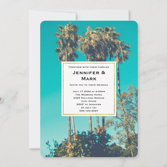 Tropical Palm Trees California Retro Wedding Einladung (Vorderseite)
