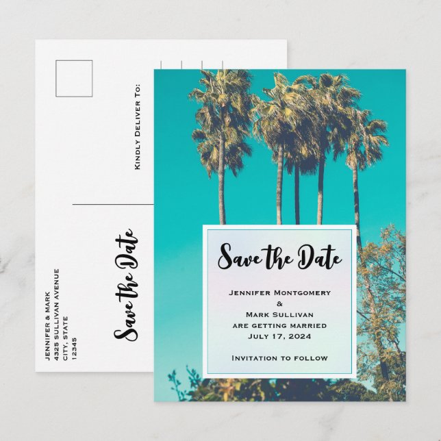 Tropical Palm Trees California Save the Date Einladungspostkarte (Vorne/Hinten)