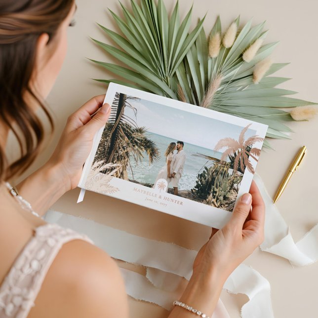 Tropical Palm Trees Elegante Wedding Foto Monogram Gästebuch (Tropical Palm Trees Elegant Wedding Photo Monogram Foil Guest Book)