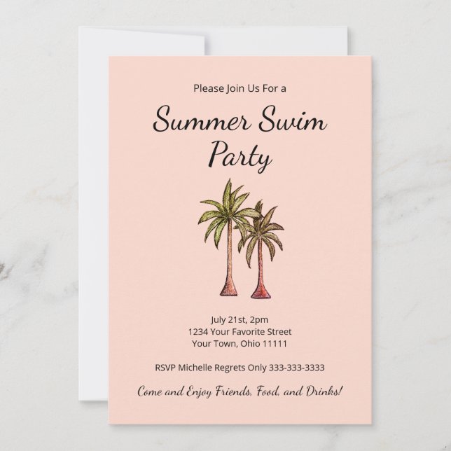 Tropical Palm Trees Elegantes Rosa Pool Party Einladung (Vorderseite)