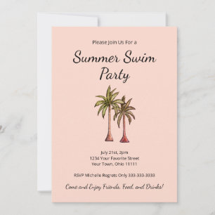 Tropical Palm Trees Elegantes Rosa Pool Party Einladung