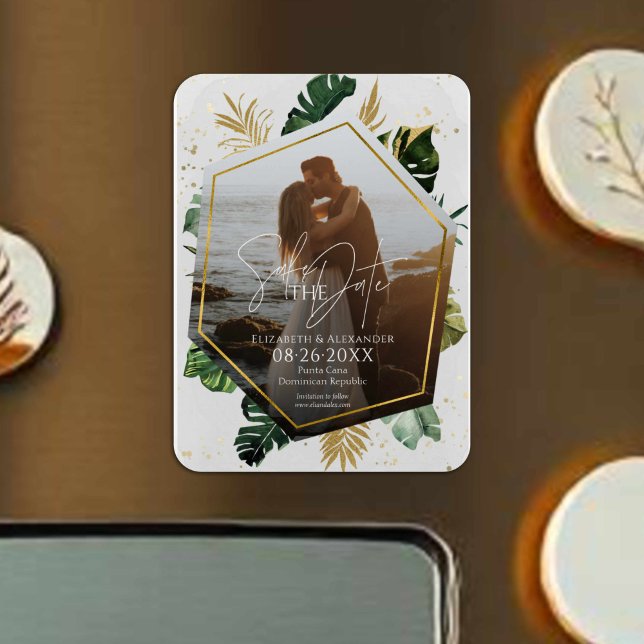Tropical Palm Trees Foto Gilded Save the Date Magnet (Von Creator hochgeladen)