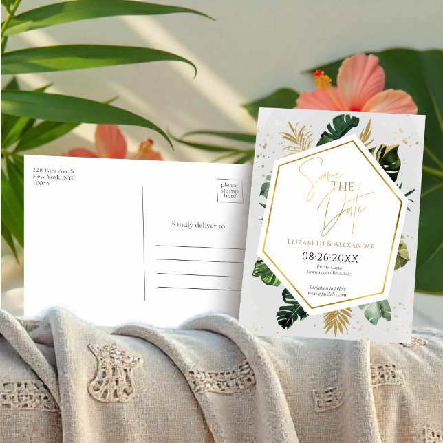 Tropical Palm Trees Gilded Script Save the Date Postkarte (Von Creator hochgeladen)