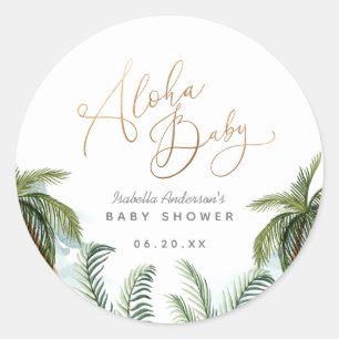 Tropical Palm Trees Gold Script Aloha Baby Dusche Runder Aufkleber