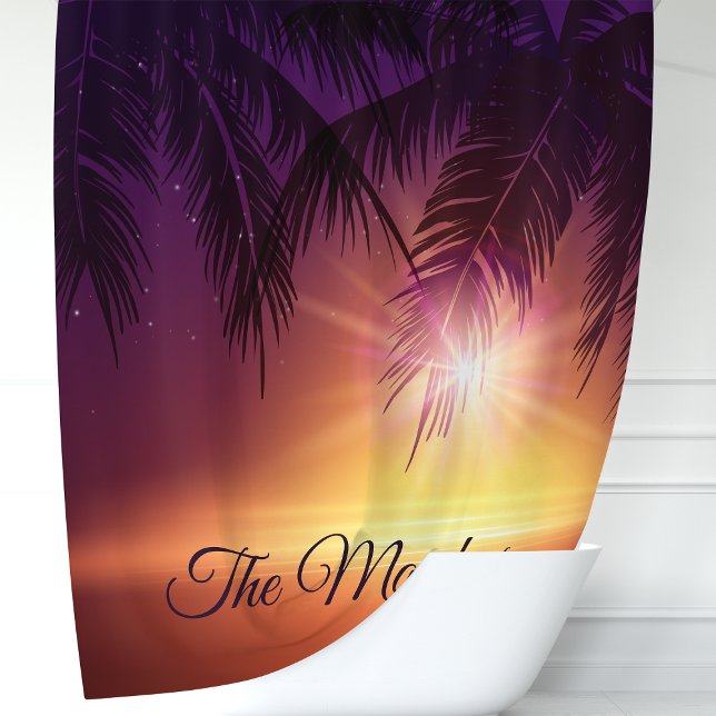 Tropical Palm Trees Lila Sunset Family Monogram Duschvorhang (Von Creator hochgeladen)