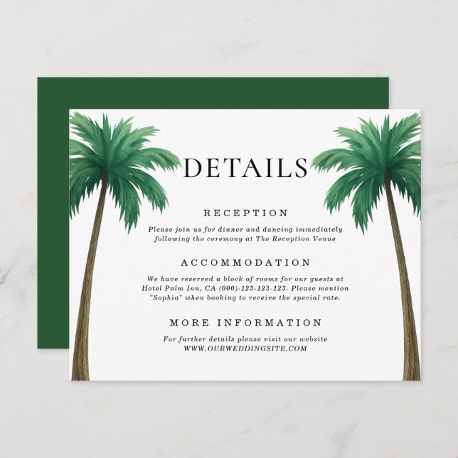 Tropical Palm Trees Minimal Beach Wedding Details Begleitkarte (Vorne/Hinten)