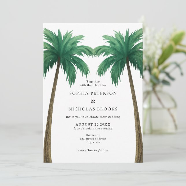 Tropical Palm Trees Minimal Photo Beach Wedding Einladung (Stehend Vorderseite)