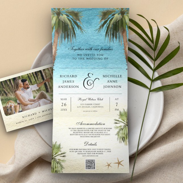 Tropical Palm Trees Modern Beach QR Code Hochzeit Dreifach Gefaltete Einladung (Von Creator hochgeladen)
