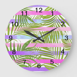 Tropical palm trees modern pink violet stripes große wanduhr