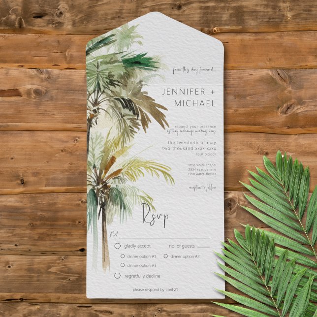 Tropical Palm Trees Modernes Abendessen All In One Einladung (Tropical Palm Trees Modern All in One Wedding Invitation with Dinner Options)
