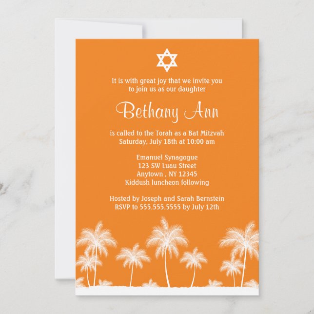 Tropical Palm Trees Orange Bat Mitzvah Einladungen (Vorderseite)