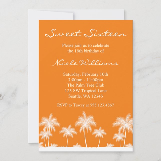 Tropical Palm Trees Orange Sweet 16 Einladung (Vorderseite)