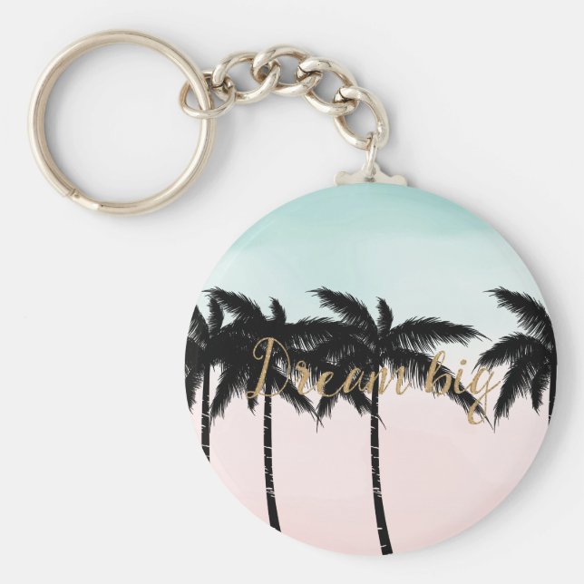 Tropical Palm Trees Pink Mint Ombre Gold Traum gro Schlüsselanhänger (Vorne)