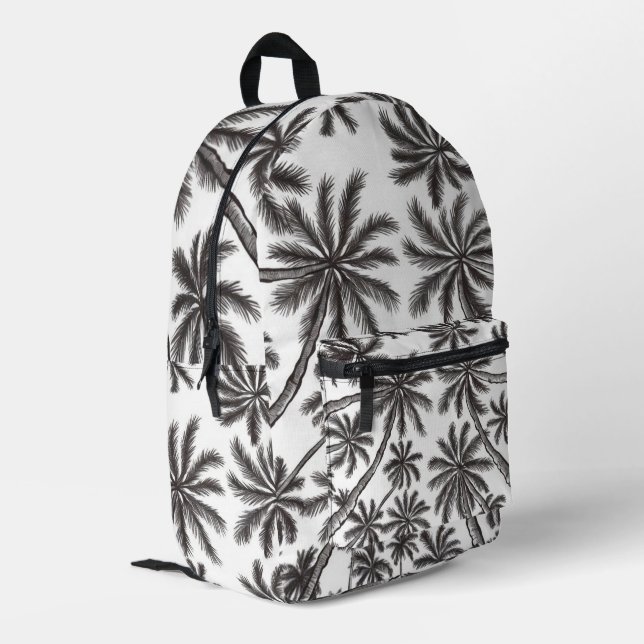 Tropical Palm Trees Schwarz-Weiß Muster Bedruckter Rucksack (Rückseitige Ecke links)