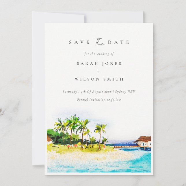 Tropical Palm Trees Seascape Beach Wasserfarbe Save The Date (Vorderseite)