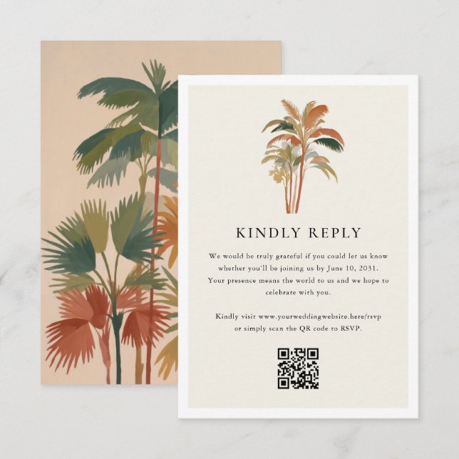 Tropical Palm Trees Watercolor Pastel Boho Hochzei RSVP Karte (Vorne/Hinten)