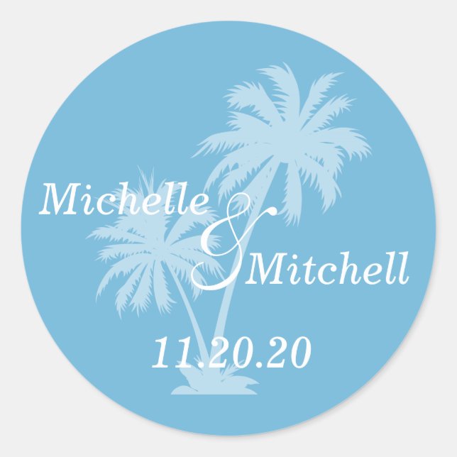 Tropical Palm Trees Wedding Labels (Sky Blue) Runder Aufkleber (Vorderseite)