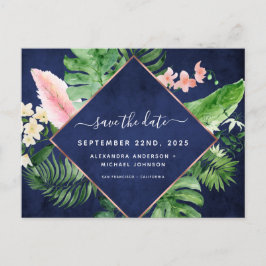 Tropical Palm Watercolor Navy Blue Save the Date Ankündigungspostkarte