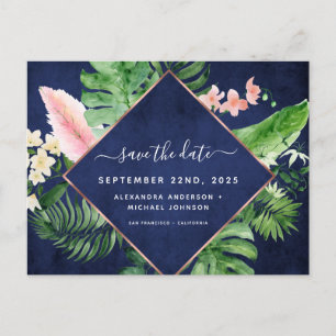 Tropical Palm Watercolor Navy Blue Save the Date Ankündigungspostkarte