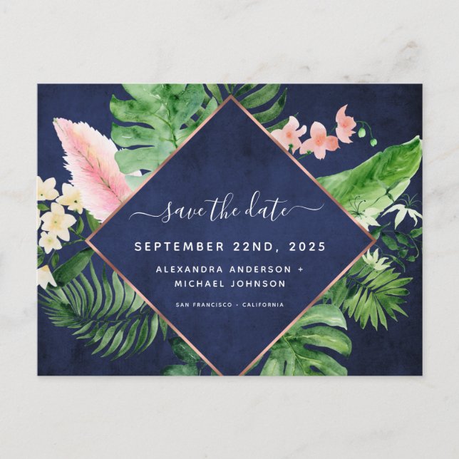 Tropical Palm Watercolor Navy Blue Save the Date Ankündigungspostkarte (Vorderseite)