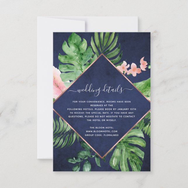 Tropical Palm Watercolor Navy Blue Wedding Details Einladung (Vorderseite)