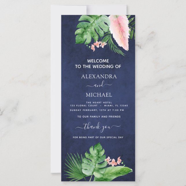 Tropical Palm Watercolor Navy Blue Wedding Program (Vorderseite)