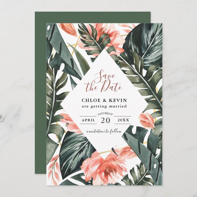 Tropical Palm Wedding Flat Save the Date Card (Vorne/Hinten)