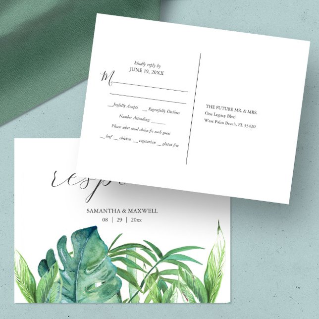 Tropical Palm Wedding Meal Choice UAWG Postkarte (rsvp postcard features tropical monstera and palm leaves watercolor art by Victoria Grigaliunas)