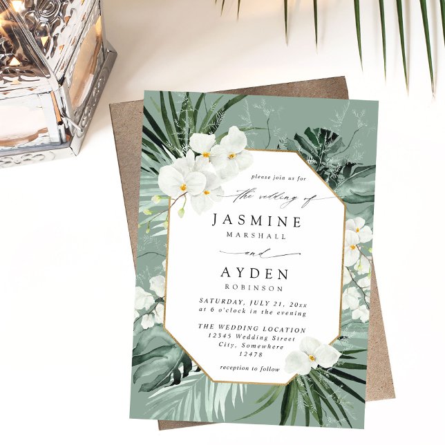 Tropical Palm & White Floral Wedding V2B LNM Green Einladung (Von Creator hochgeladen)