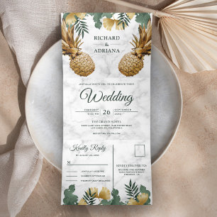 Tropical Palm White Marble Gold Ananas Hochzeit Dreifach Gefaltete Einladung