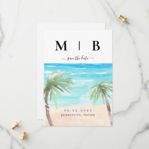 Tropical Palms & Beach Couple Initials Wedding Save The Date