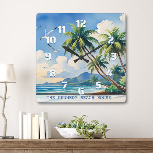 Tropical Palms Beach House Familienname Quadratische Wanduhr