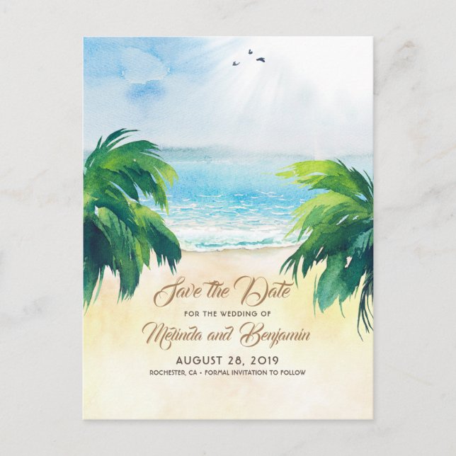 Tropical Palms Beach Romantik Save the Date Postkarte (Vorderseite)