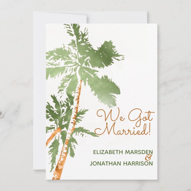 Tropical Palms Just Married Ankündigung Empfang (Vorderseite)