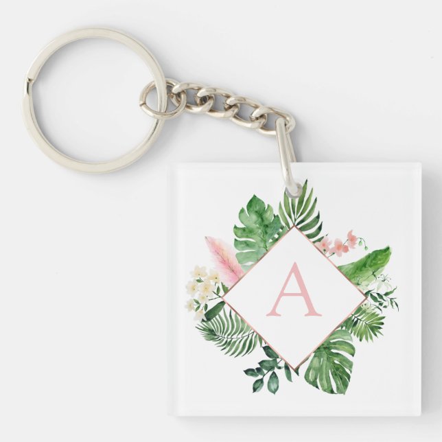 Tropical Palms Monogram Blush Pink Wedding Schlüsselanhänger (Vorderseite)