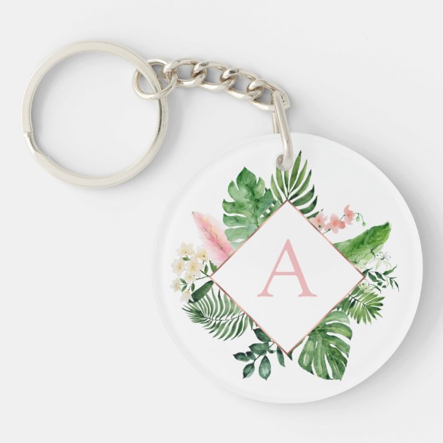 Tropical Palms Monogram Blush Pink Wedding Schlüsselanhänger (Vorderseite)